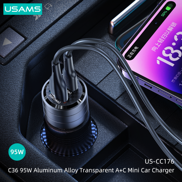 USAMS 95W Aluminum Alloy Transparent A+C Mini Car Charger