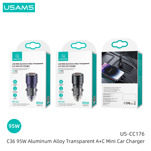 USAMS 95W Aluminum Alloy Transparent A+C Mini Car Charger