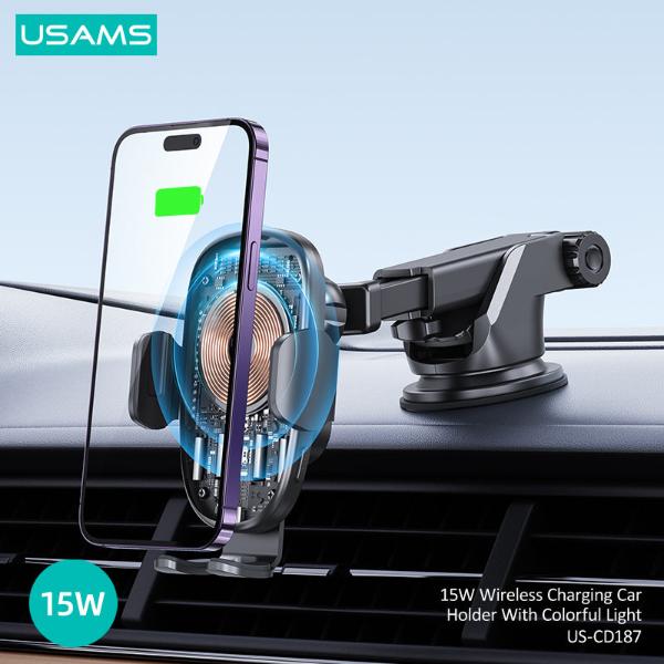 USAMS 15W Wireless Charging Car Holder With Colorful Light CD187