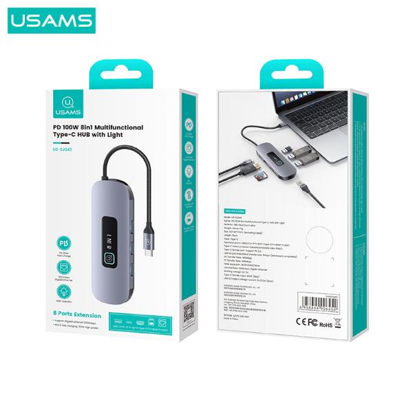 USAMS PD 100W 8in1 Multifunctional Type-C HUB with Light